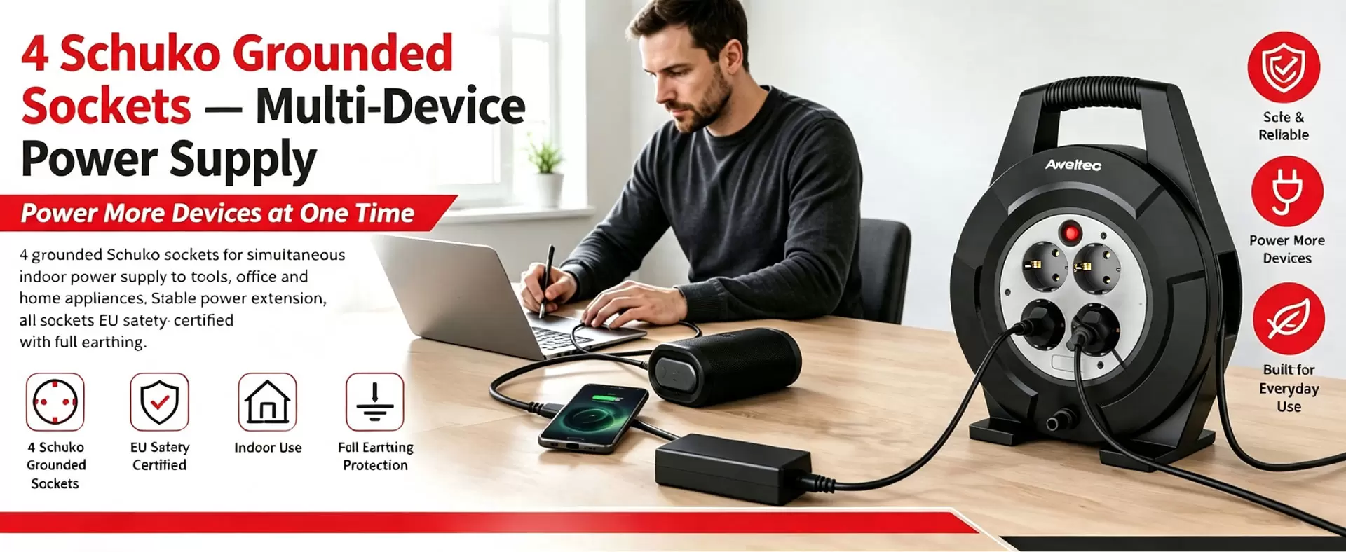 بكرة كابل Aweltec 4 مقابس 10 م/15 م بكرة كابل Aweltec 4 مقابس 10 م/15 م