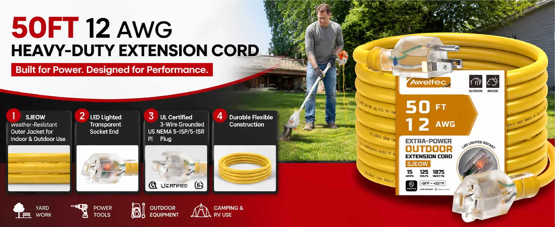 سلك تمديد خارجي Aweltec بطول 50 قدم و12 AWG