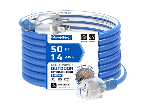 Aweltec 50 FT 14/3 SJEOOW سلك تمديد خارجي، 15A 1875W نهاية مضاءة